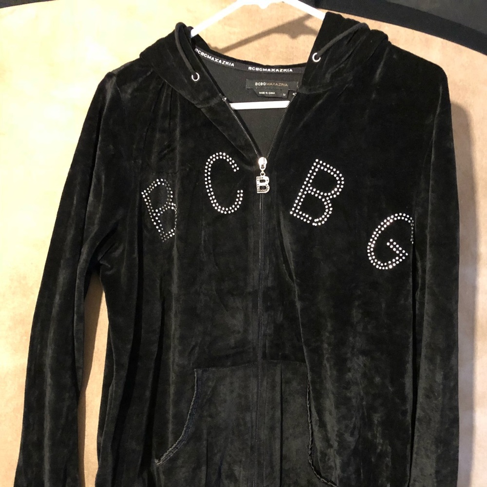 BCBG Black Velour Track Set, 1X Top, L Pants